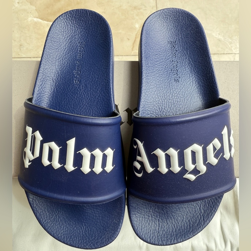 Palm Angels Kids Rubber Pool Slides Blue White Logo size 35 NIB Sandals